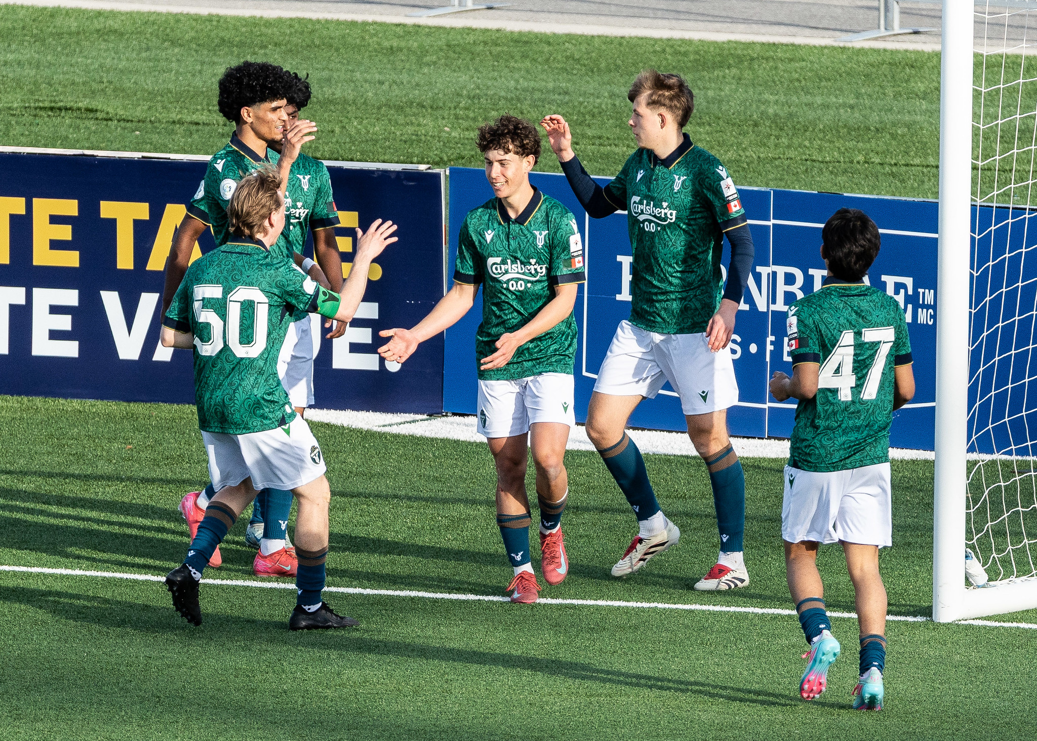 York United U20 players celebrate after scoring a goal against Waterloo earlier this year ( Kevin Raposo / League1 Ontario)