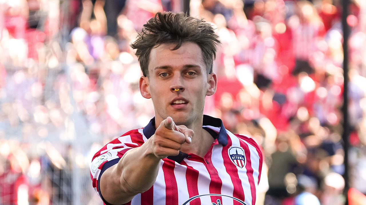 Amer Didic celebrates after scoring against Halifax Wanderers (Photo credit: Matt Zambonin/Freestyle Photography)