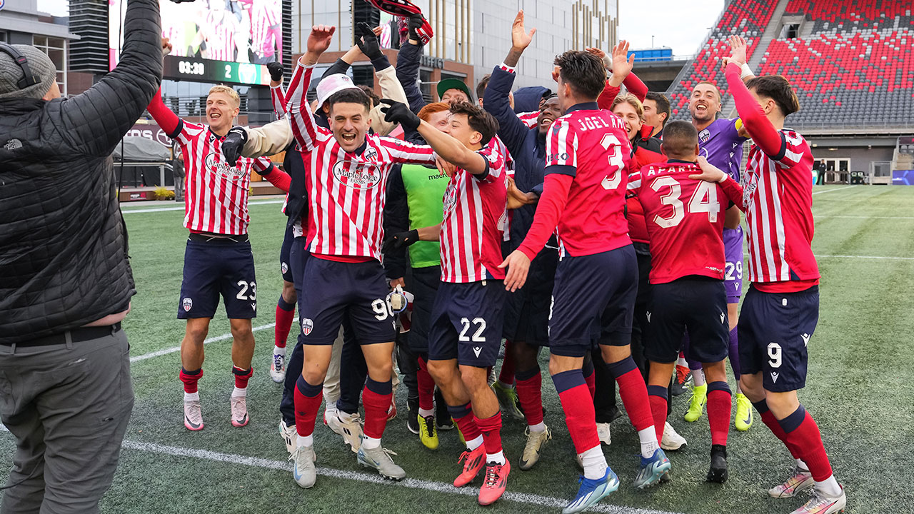 Atlético Ottawa players celebrate after defeating York United FC in the Canadian Premier League playoffs (Photo credit: Matt Zambonin/Freestyle Photography)