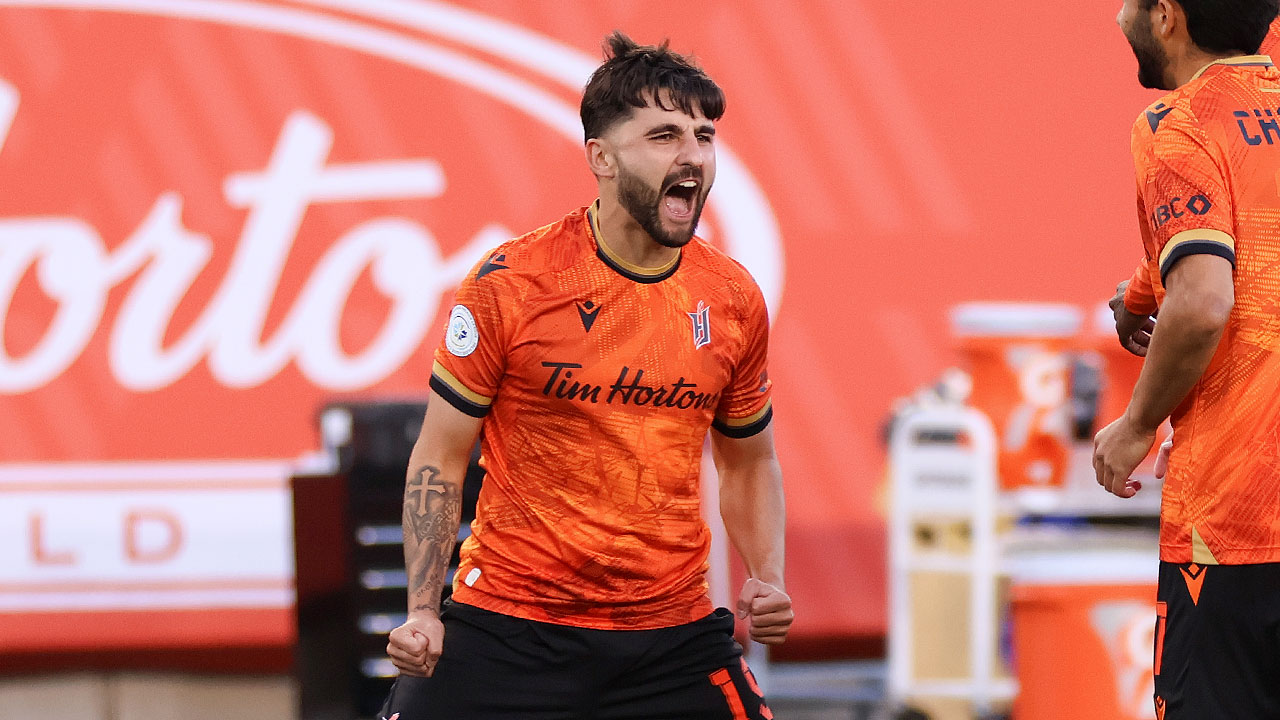 Tristan Borges celebrates after scoring against Cavalry FC on September 7, 2024 (Photo credit: Thiago Szwarc / TrueNorthFoot)