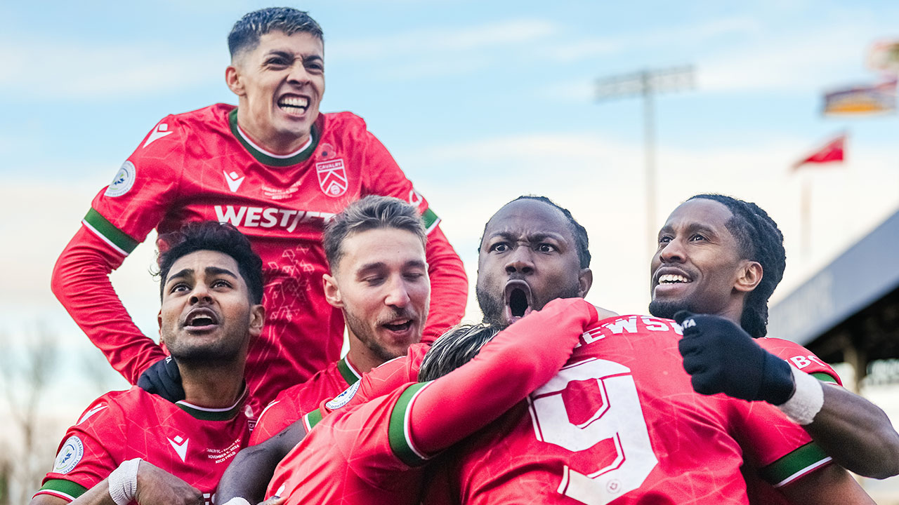 Cavalry FC players celebrate after scoring against Forge FC in the Canadian Premier League final (Photo credit: Bart Onyszko)