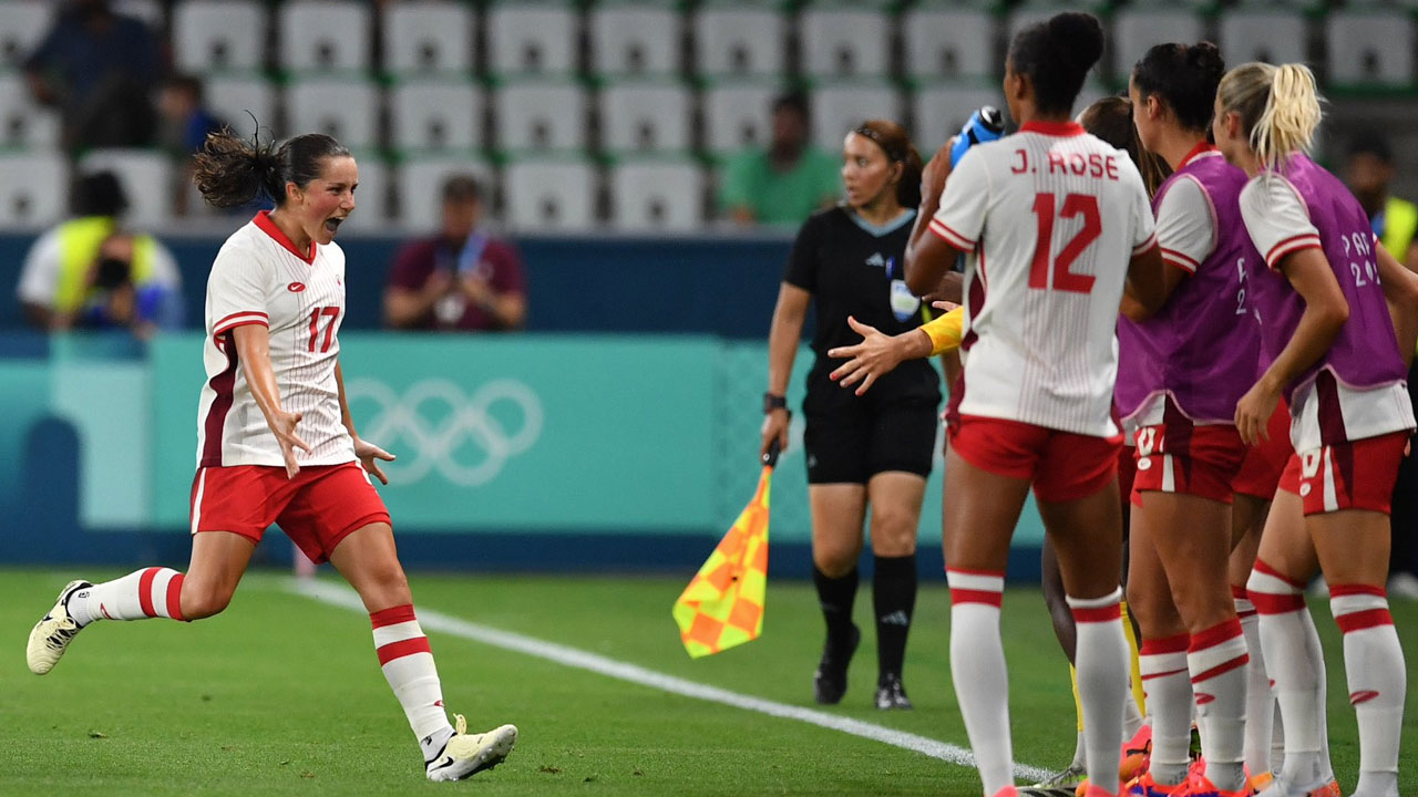 Jessie Fleming celebrating after scoring against France (Photo credit: @CANWNT / X)