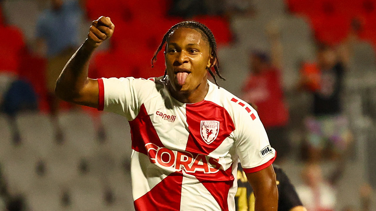 Isaiah Johnston celebrates after scoring a goal for Loudoun United (Photo credit: @USLChampionship / X)