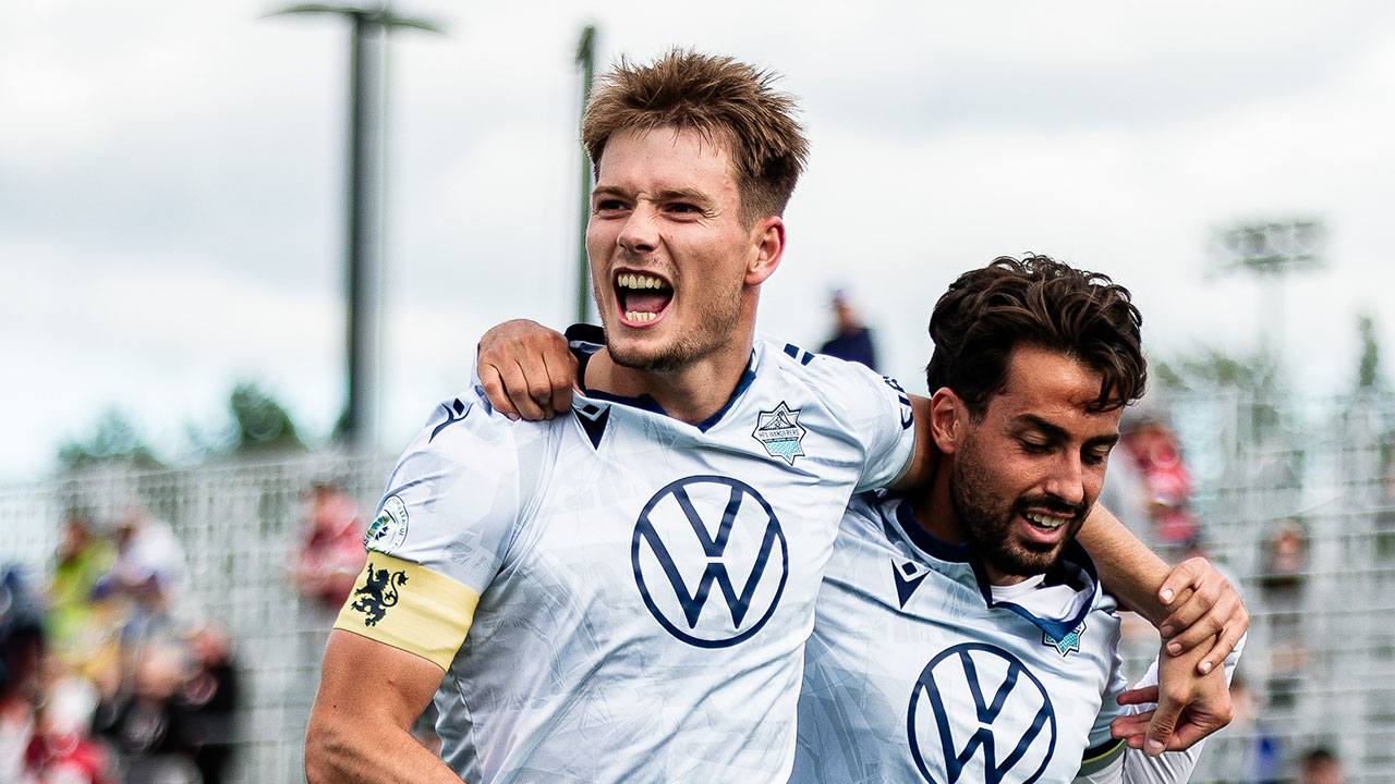 Dan Nimick celebrates after scoring against Vancouver FC during the 2024 season (Photo credit: James Glezos/@jg.visuals__)