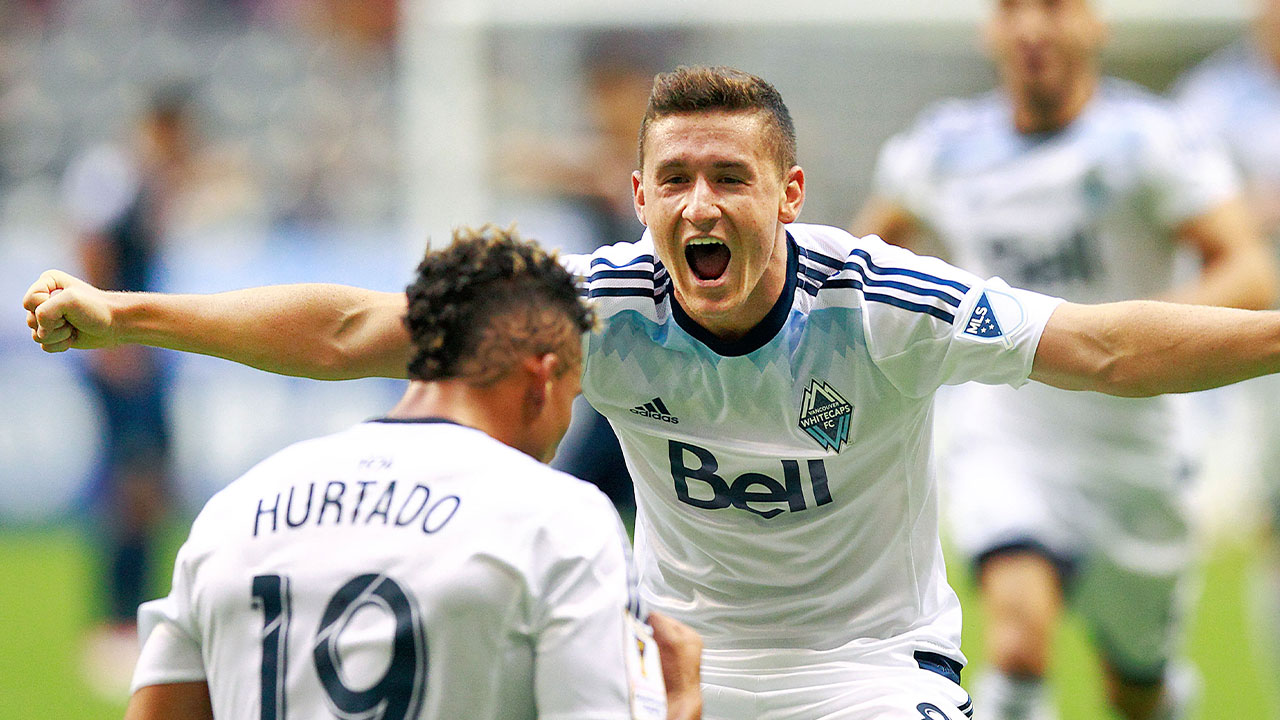 Fraser Aird celebrating in a 3-0 win over Sporting Kansas City on August 23, 2016 (Photo credit: Vancouver Whitecaps / Bob Frid)